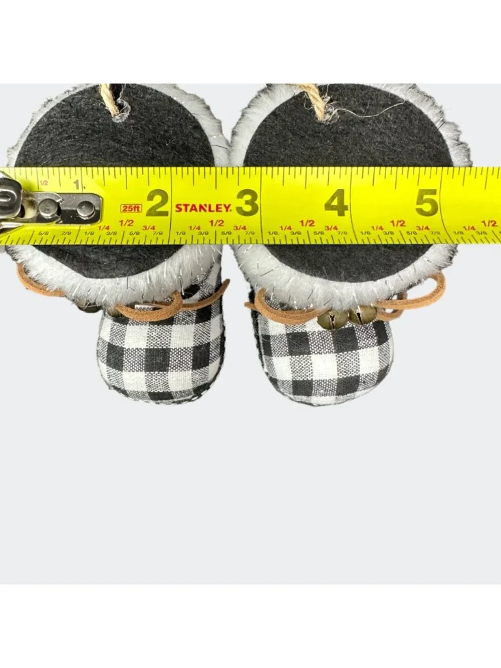 Christmas Holiday Santa Boots Ornament Buffalo Plaid Check Faux Fur Trim Bells